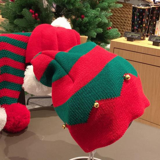 Christmas Hat with Bells Plush Ball Decor Red Green Patchwork Color Breathable Santa Claus Hat Daily Party Wear