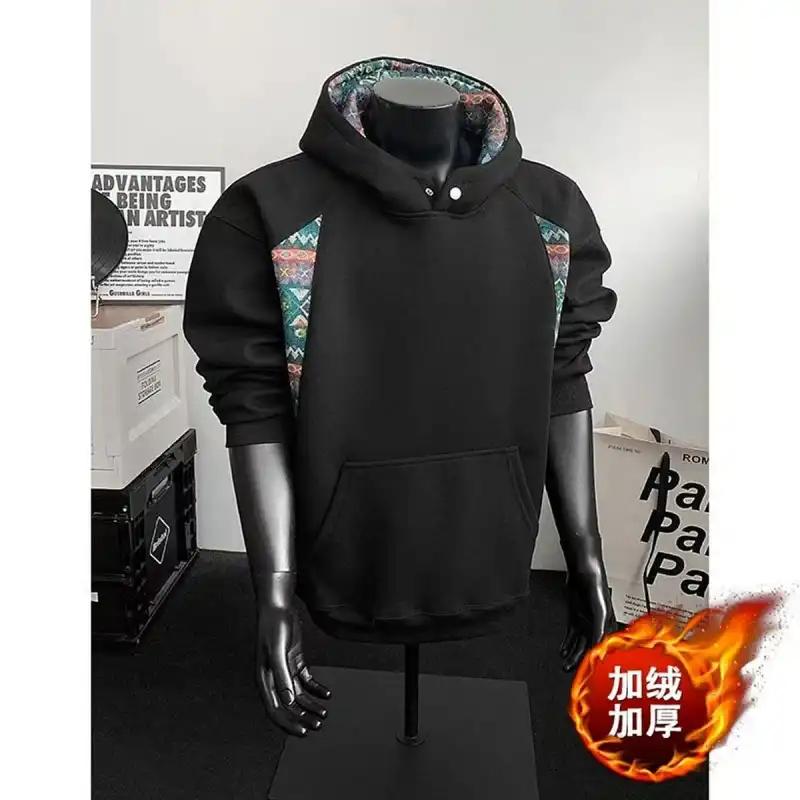 Men's Color Block Ethnic Style Fleece Lined Thickened Hoodie Autumn Winter New Style Designer Hoodie Stiff Inner Wear Jacket