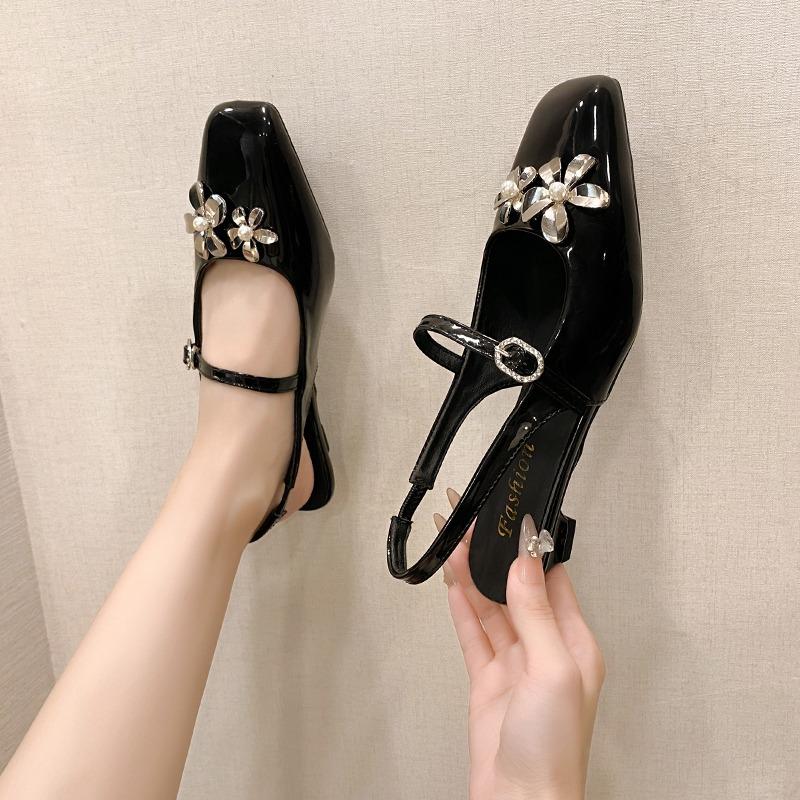 Fashion Baotou Sandals Summer New Square Toe Shallow Mouth Rhinestone Flower One Buckle Non-slip Wear-resistant Kitten Heel Shoes