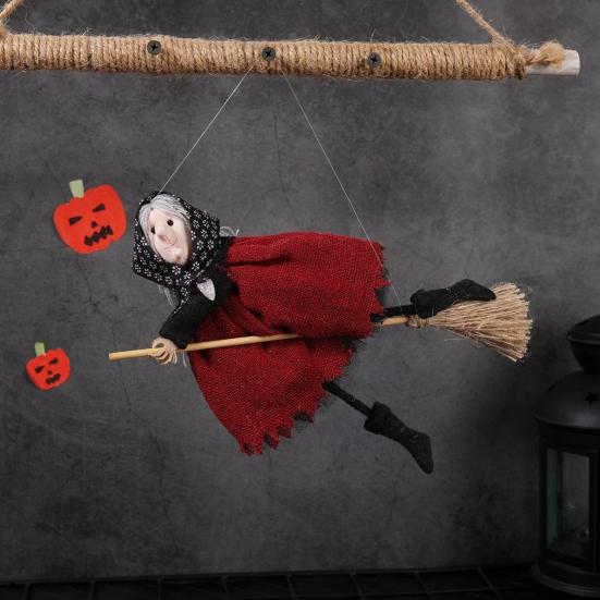 Halloween Witch Doll Small Hangable Witch Ornament Decorative Flying Witch Figurine On Broomstick for Indoor Outdoor Tree Home Kitchen Decor