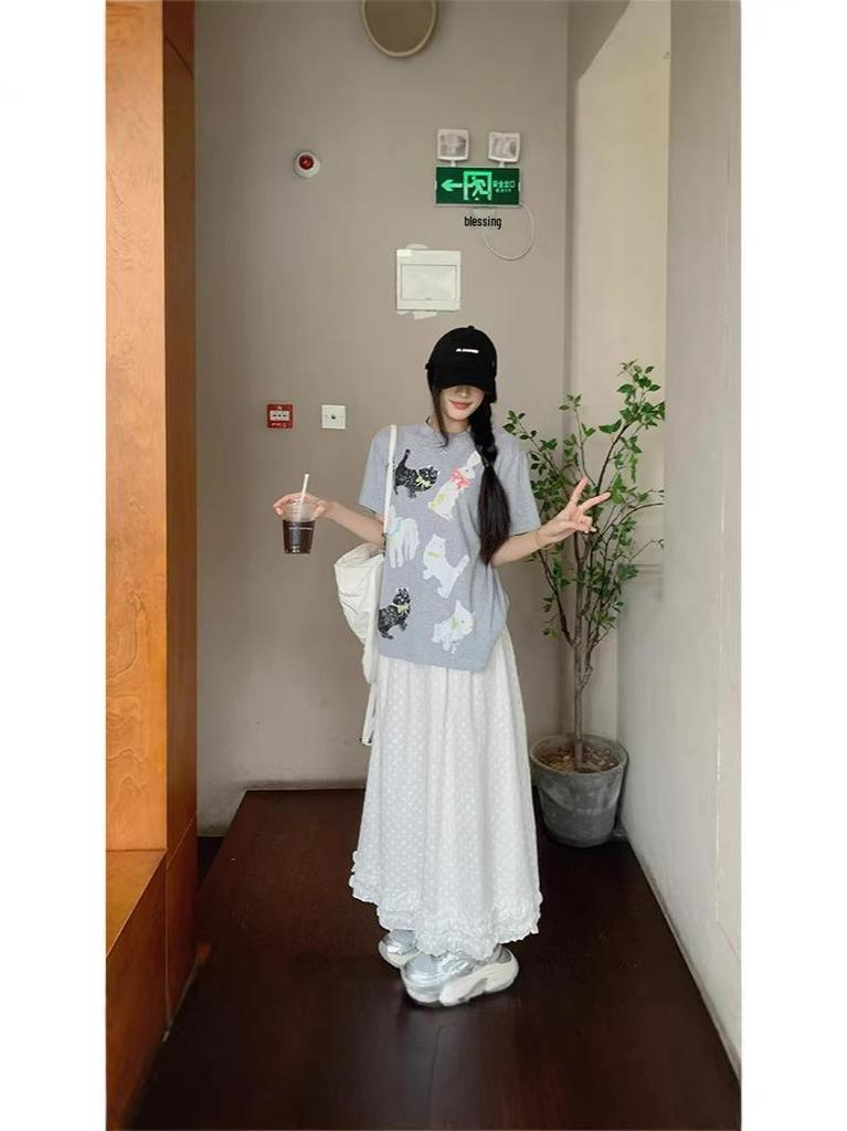 Plus Size Women's Korean Style Two-Piece: Printed Short Sleeve T-shirt & High Waist A-line Skirt