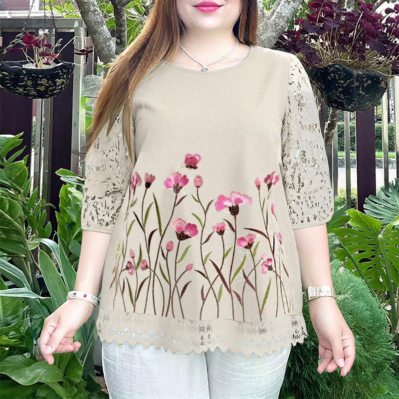 

ZANZEA Женская повседневная блузка с круглым вырезом, кружевной вставкой, рукавами 3/4, свободного кроя, с вышивкой 4XL хаки