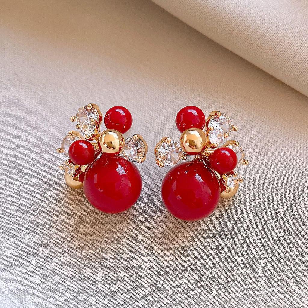 Gold-Plated Silver Zircon Flower Pearl Stud Earrings - French Retro Style for Women