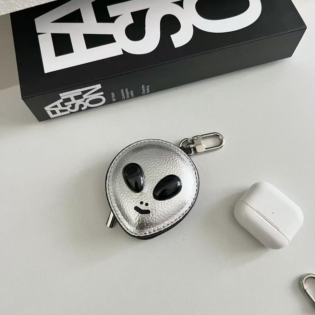 Alien Head Top Layer Cowhide Leather Bag Charm Earphone Key Storage Pouch Fashionable Accessory for Organizing Small Items