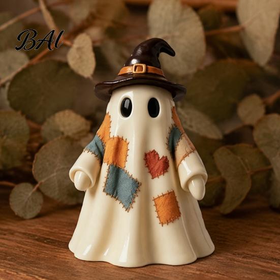 Halloween Tabletop Ornaments Lighted Vintage Patchwork Ghost, LED Light Up Ghost with Pumpkin Lantern, Spooky Indoor Party Supplies Cute Decor