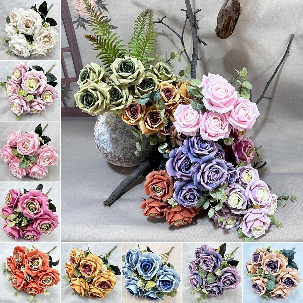 Silk Petal Artificial Flower Rose Multicolor Faux Eucalyptus Leaves  Gift