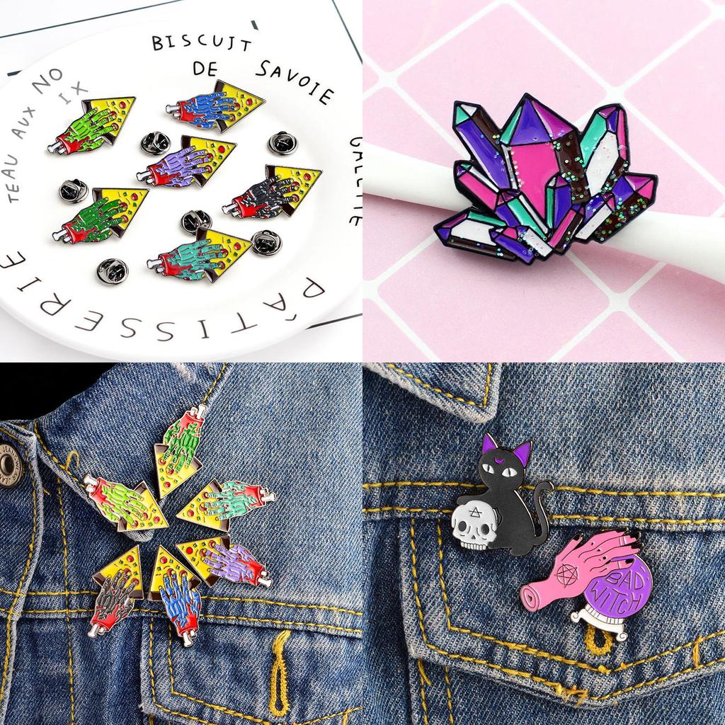 Premium Quality Enamel Brooch Featuring Witch Tools Skull Cat For Halloween