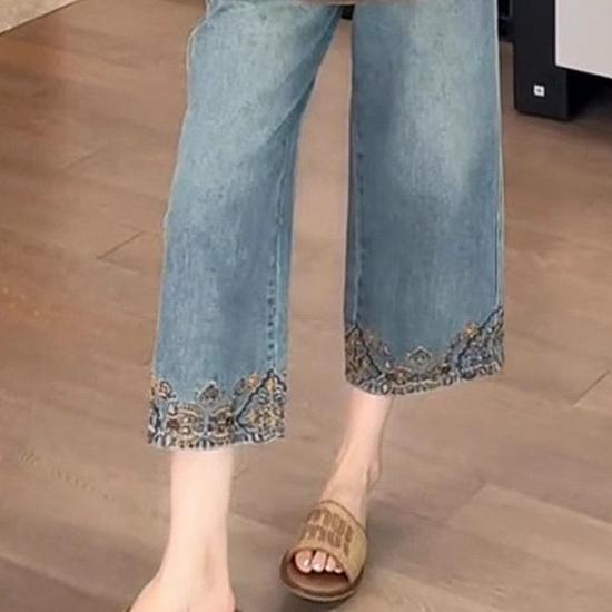 Plus Size High Waist Embroidered Wide-Leg Denim Pants - Retro Chinese Style Women's Clothing