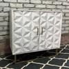 Modern White Wood Carved Cabinet  Geometric Front, Brass Legs  Accent Storage Sideboard, Entryway or Living Room Decor Furniture -Bedside