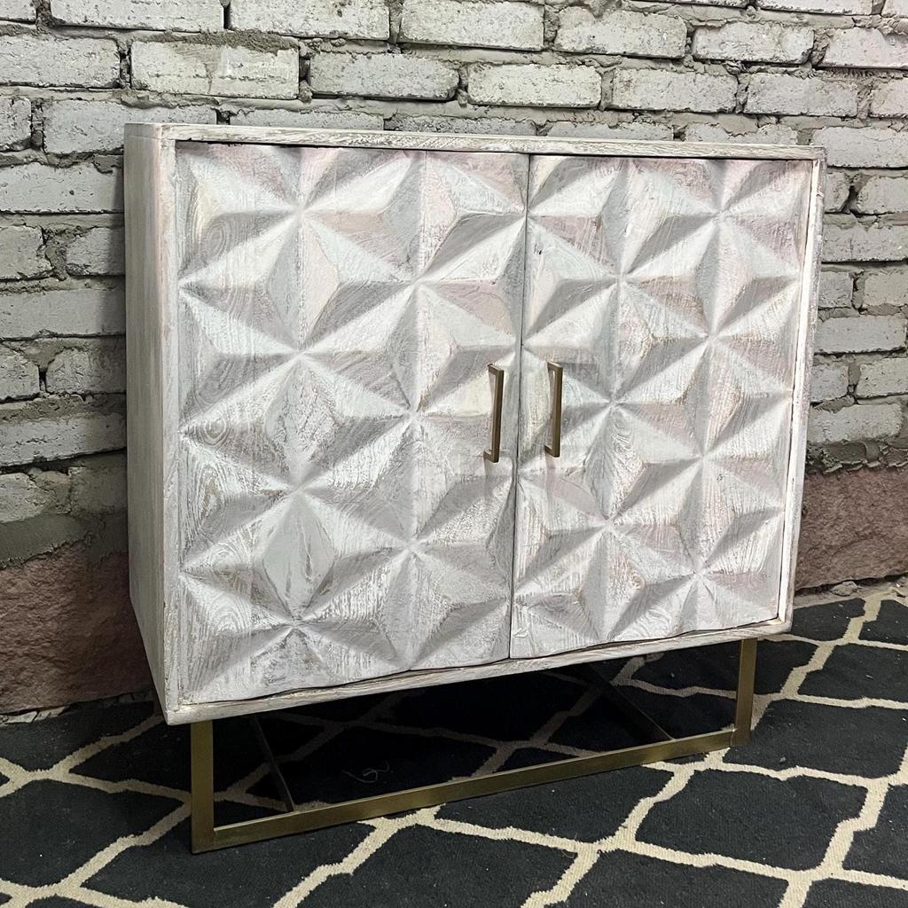 Modern White Wood Carved Cabinet Geometric Front, Brass Legs Accent Storage Sideboard, Entryway or Living Room Decor Furniture -Bedside
