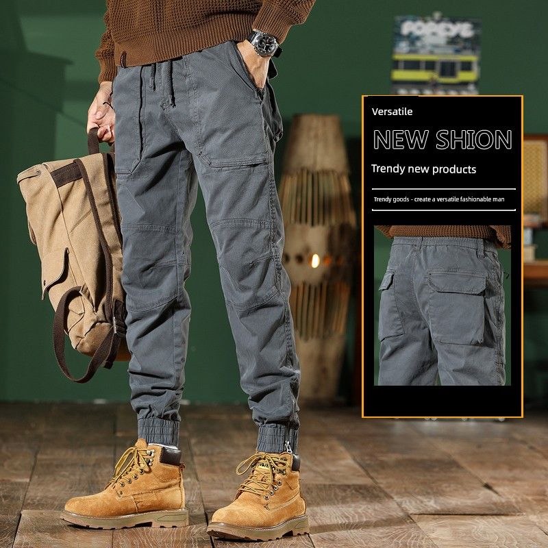 Men's Slim-Fit Camouflage Cargo Pants with Drawstring, Harem Style, Spring and Autumn Trendy Outdoor American Casual Long Pants