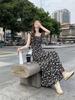 Spring/Summer 2024 Retro Black Floral Dress: Slim Fit, Medium-Long Length with Ruffled Skirt