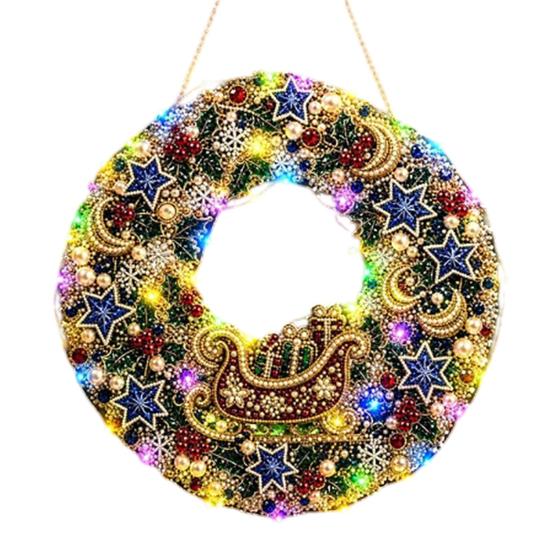 Funkelndes Edelstein Bastelset DIY Acryl Weihnachten Kunstperlen Aufhänge-Set, Beleuchteter Kranz 3D Perlen-Sets für Erwachsene Set mit LED-Lichterkette