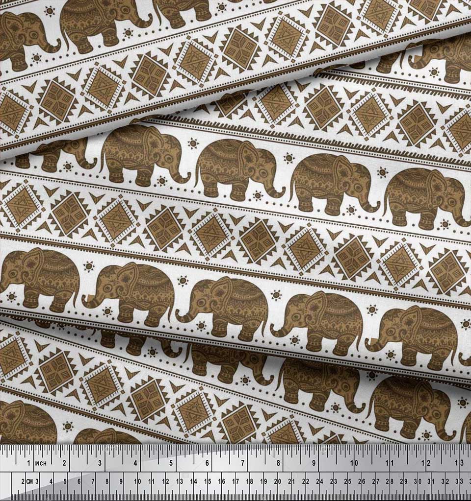 Soimoi Japan Crepe Satin Fabric Aztec & Tribal Elephant Ethnic Print Sewing Fabric Metre 42 Inch