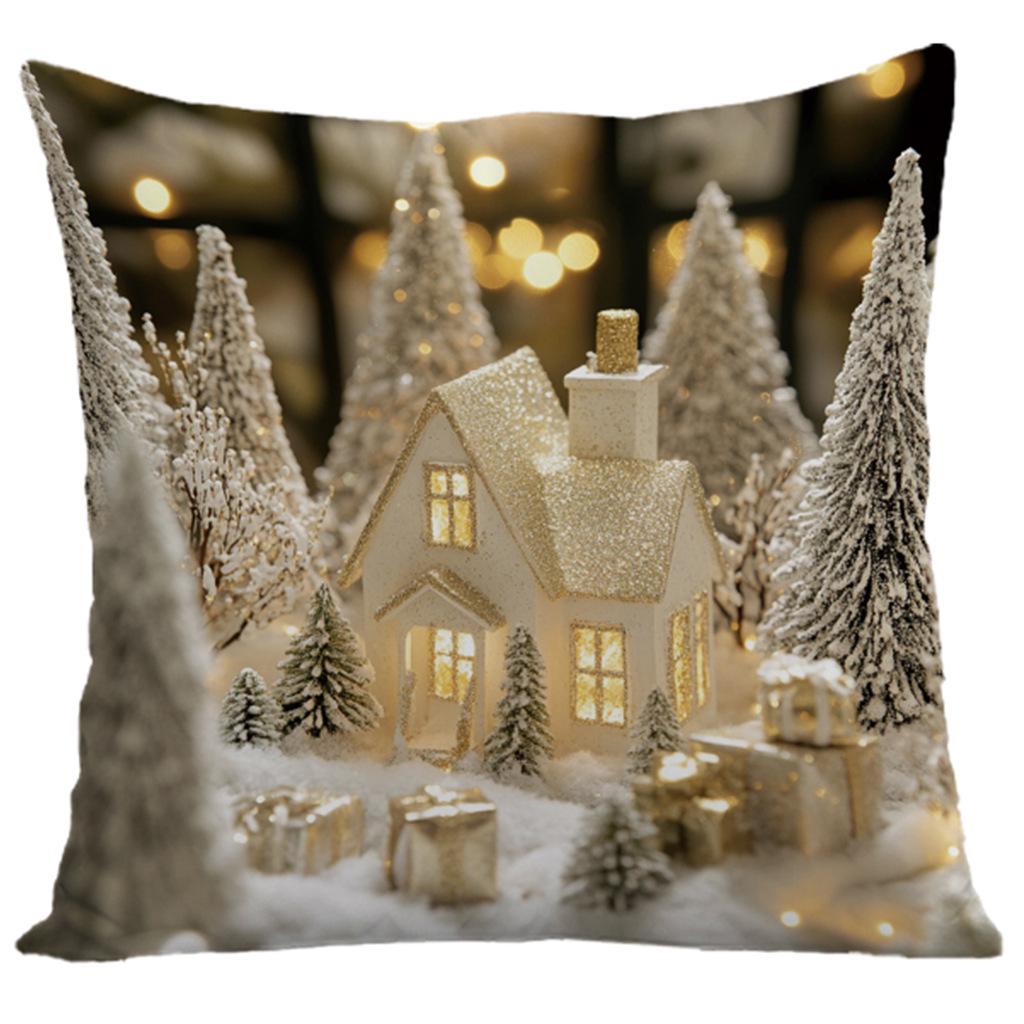 Christmas Pillowcase - Gold Snowman, Gnome, Reindeer Print Pillow Cushion