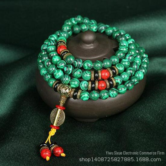 Malachite Buddhist Rosary: 108 Bead Bracelet, 8mm Round Beads for Men & Women