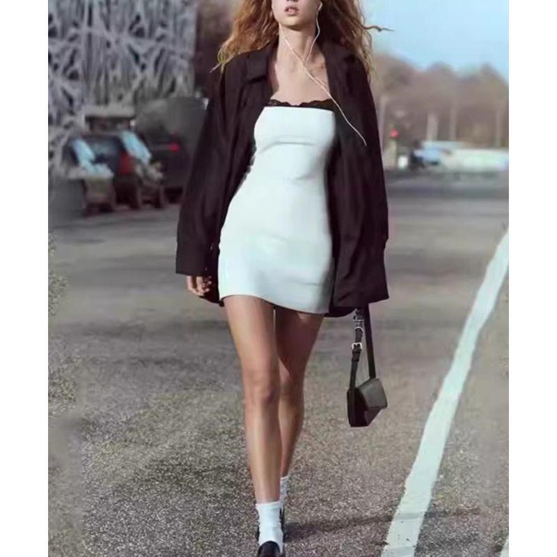 Summer New Women clothes Design Sense Niche Waist Hugging Lace Stitching Sheath Sling Dress 2311707