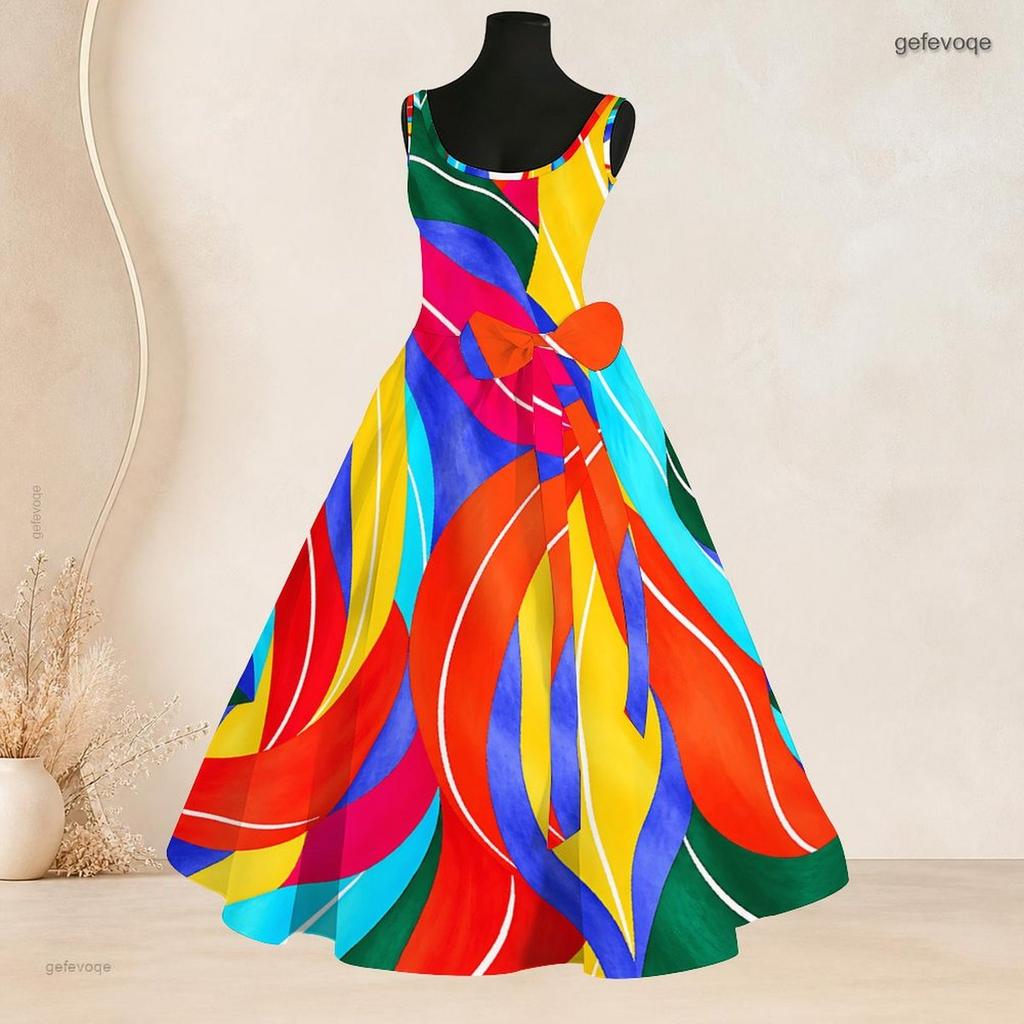 Women Plus Size Round Neck Sleeveless Blue White Printed Tie Waist A Line Long Dress