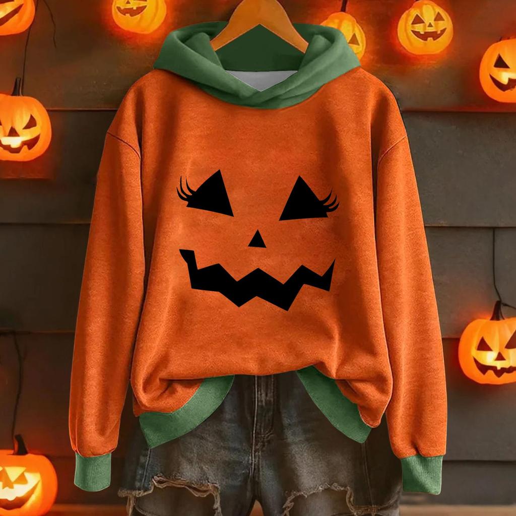 Ladies' Casual And Fashionable Halloween Printed Long Sleeved Hooded Warm Shirt Loose And Comfortable Hoodie