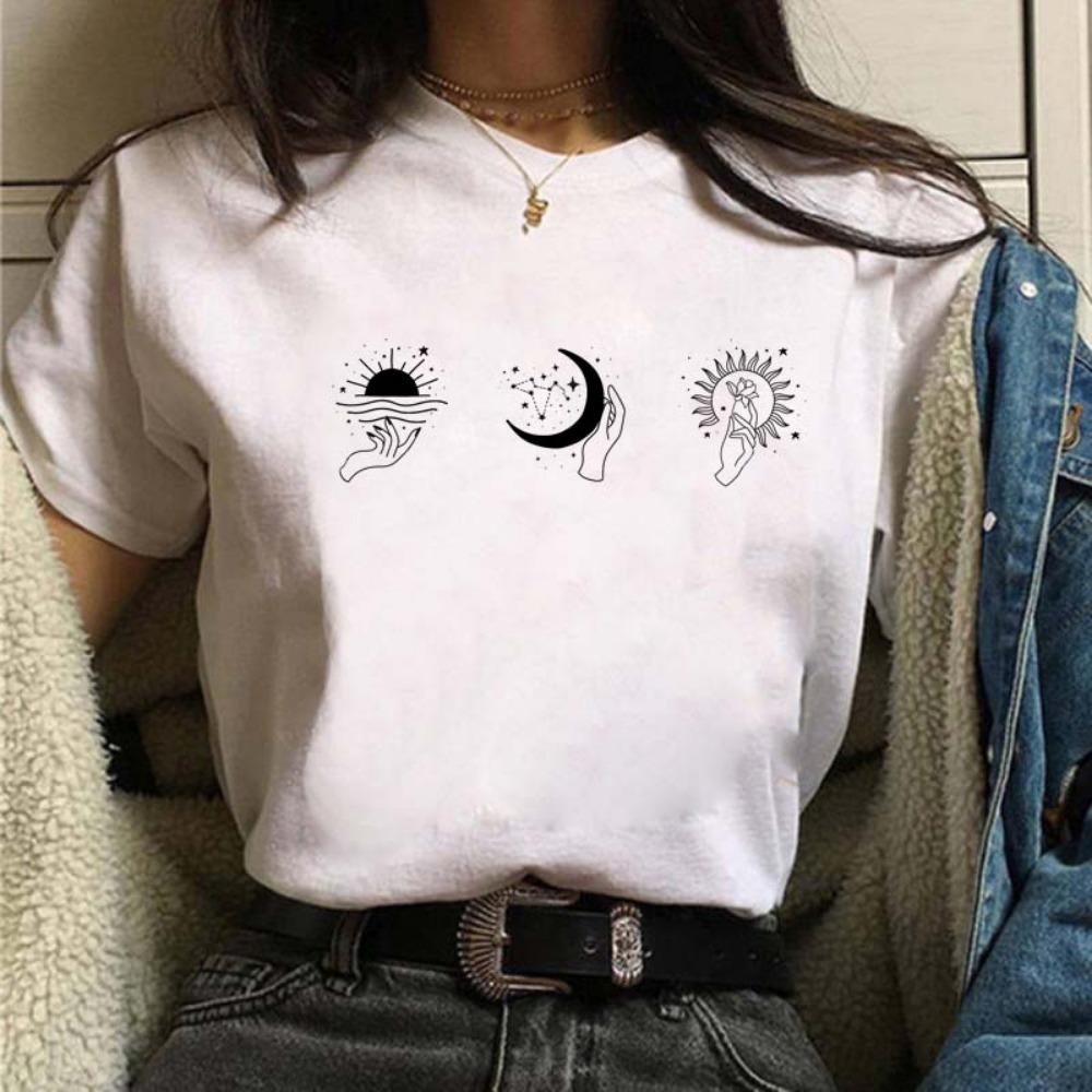 Moon Print T-shirts for Women Harajuku Summer T Shirt New Fashion Black Tops Funny Female T-shirt Casual Tee Woman Clothes