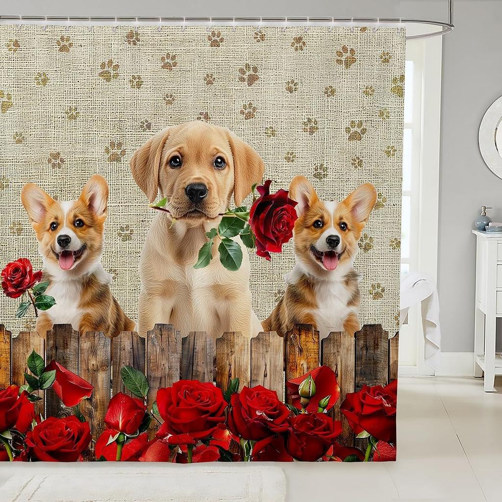 Cartoon Corgi Bathroom Curtain,Blossom Flower Green Leaves Shower Curtain Kids Girls Bathroom Decor,Cute Dog Nature Botanical