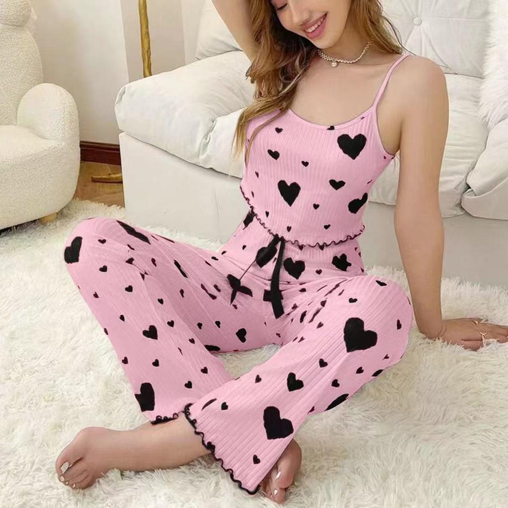 Homewear Pit Strip Milk Silk Love Sling Vest Pajamas Can Be Worn Outside Trousers Two-piece Set