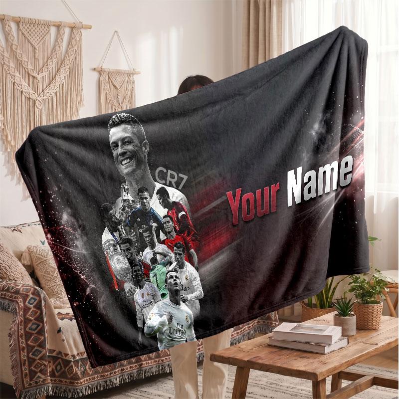 Coperta Personalizzata in Pile Cristiano Ronaldo con Logo Calcio, Testo Nome Personalizzato Morbida Calda Coperta da Divano per la Casa