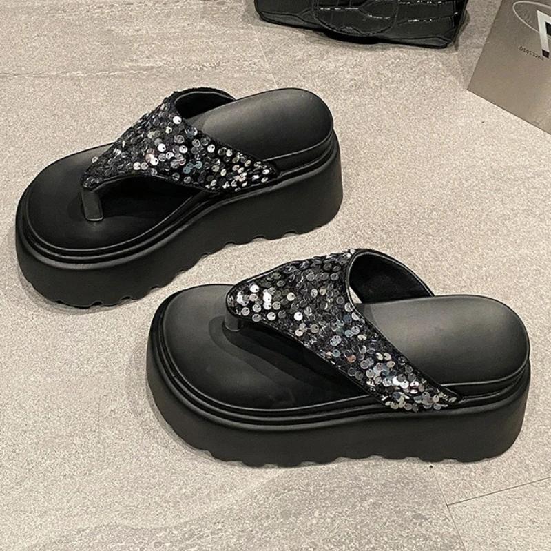 Fashion New 8 Cm Waterproof Platform Bling Designer Brand Flip-flops Women Summer Sexy Clip Toe Platform Sandals Comfortable Beach Shoes