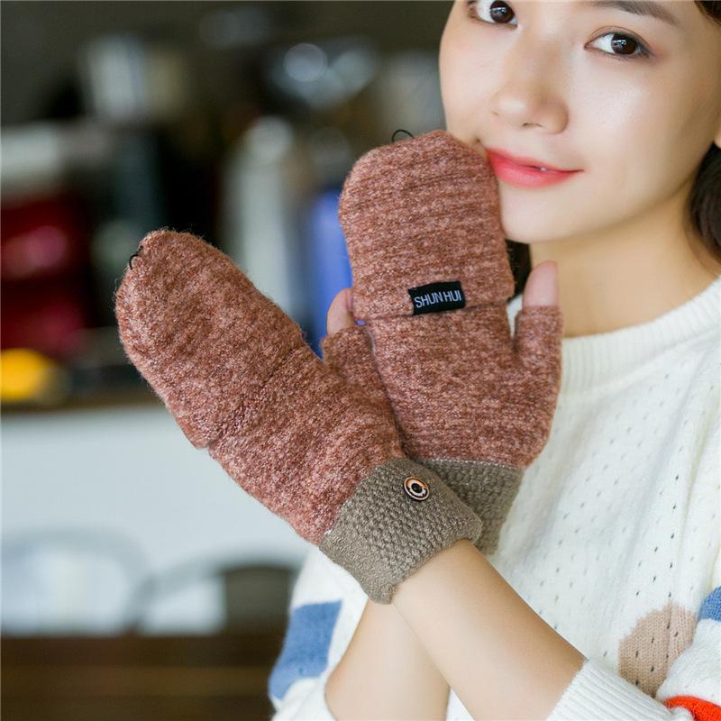 

Женские теплые шерстяные перчатки без пальцев в корейском стиле - милые перчатки двойного назначения с полупальцами на осень/зиму One Size хаки/кофейный