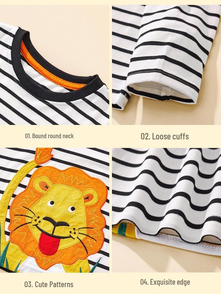2025 Autumn/Winter Children's Long-Sleeve T-Shirt with Cartoon Lion Embroidery and Floral Design