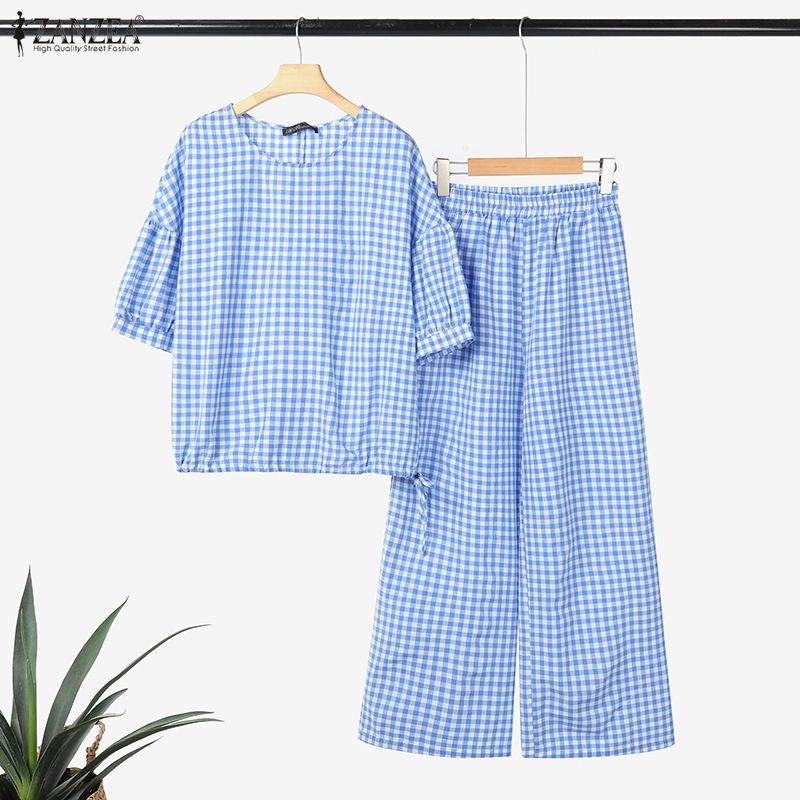 ZANZEA Women 3/4 Sleeve Blouse and Pants Casual Plaid Print Two Piece Suit Sets