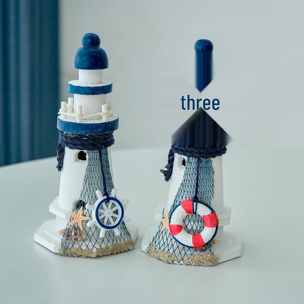 Mediterranean Wooden Lighthouse Figurine - Creative Ocean Decor & Gift