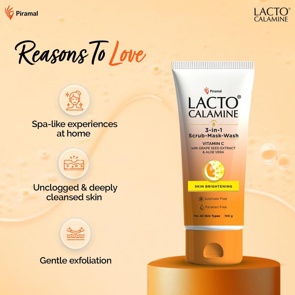 Lacto Calamine 3-in-1 Vitamin C Face Scrub Mask Wash 100ml Brightening Multi-Action Skincare