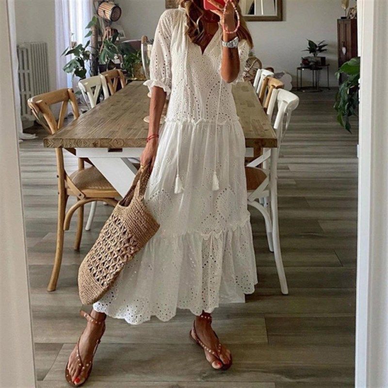 

Embroidered Slim Long Dress Vintage Drawstring Design Dress 01 White L