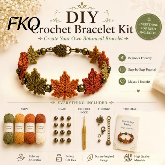 Natural Aesthetic Bracelet Kit DIY Nature-Inspired Crochet Kit, 3D Animals Plants Hand-Crocheted Beaded Flower Maple Dragonfly Butterfly