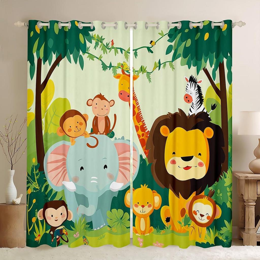 Cartoon Animal Curtain For Kids Boys Girl Forest Lion Elephant Monkey Zebra Jungle Zoo Art Print Window Drapes Blackout Curtains