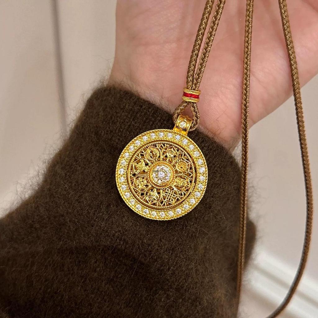 Antique Gilded Brass Compass Necklace with Inlaid Diamond, Eight Treasures Pendant, and Lucky Clavicle Chain for Women.