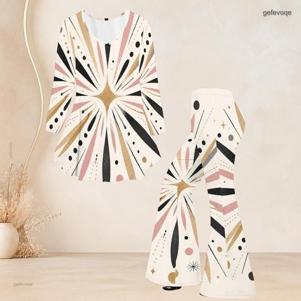 Women Plus Size Black Floral Printed V Neck Three Quarter Sleeve Flared Top Flared Pants Two Piece Set