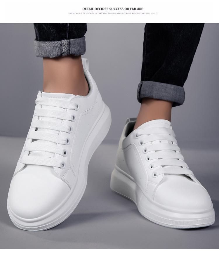 Men's White Height-Increasing Sneakers with Thick Sole, Invisible Inner Lift, and Casual Style, Large Sizes Available, 10cm Boost.