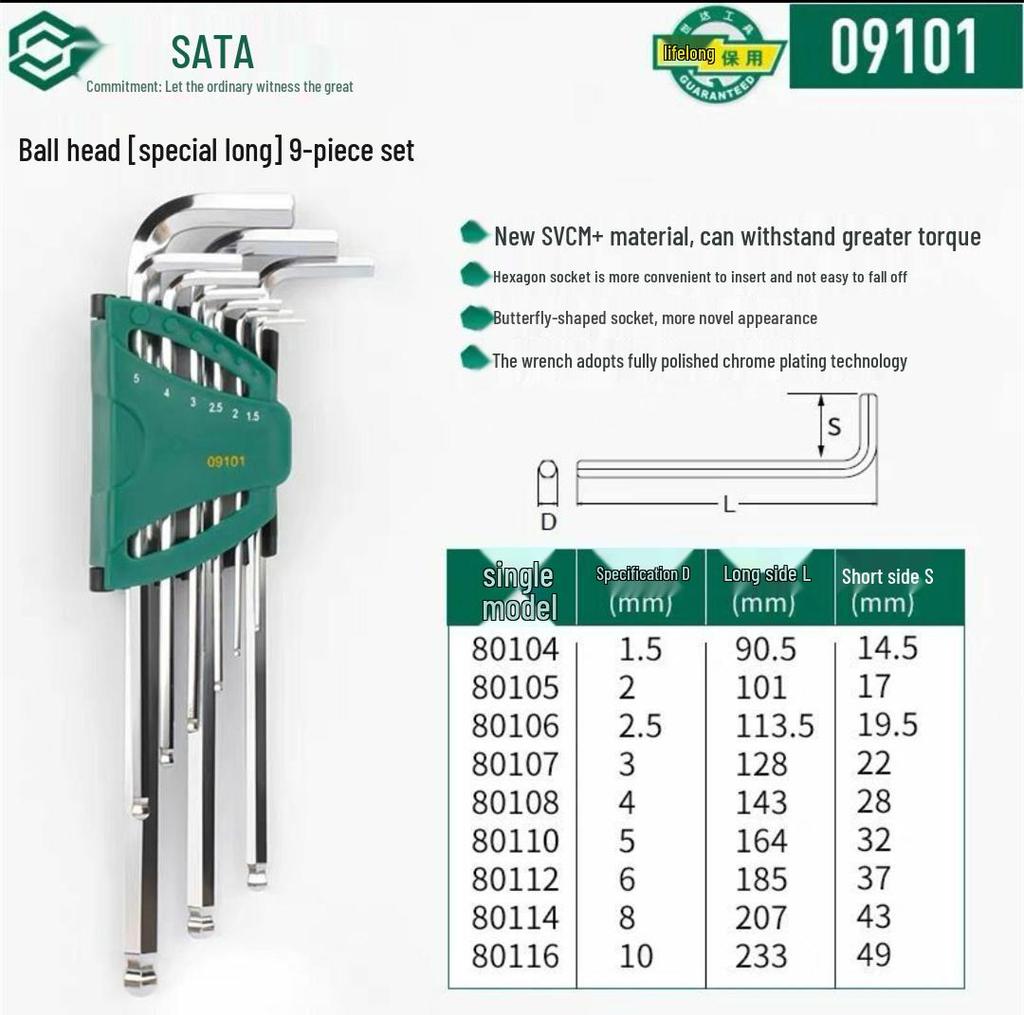 Hex Wrench Set - Mini, Extra Long, Ball & Flat Head, Available in 7, 8, 9, 10, 14 Pieces (Model 09105)