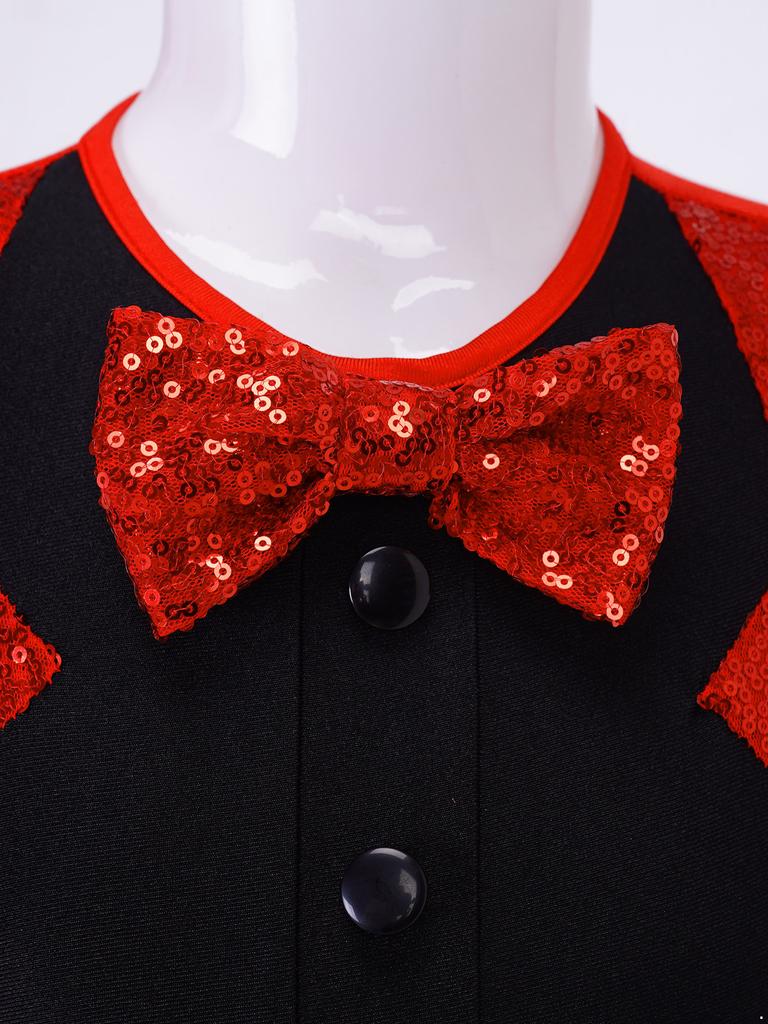 Dívčí flitrovaný leotard s dlouhým rukávem, kulatým výstřihem, patchworkovým designem a zapínáním na zip, flitrovaný klobouk fedora, převlekový kostým