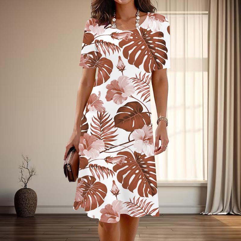 Women's Fashion Graceful Plantain Leaf Print Summer Spring Short Sleeve O-Neck Casual Dresses