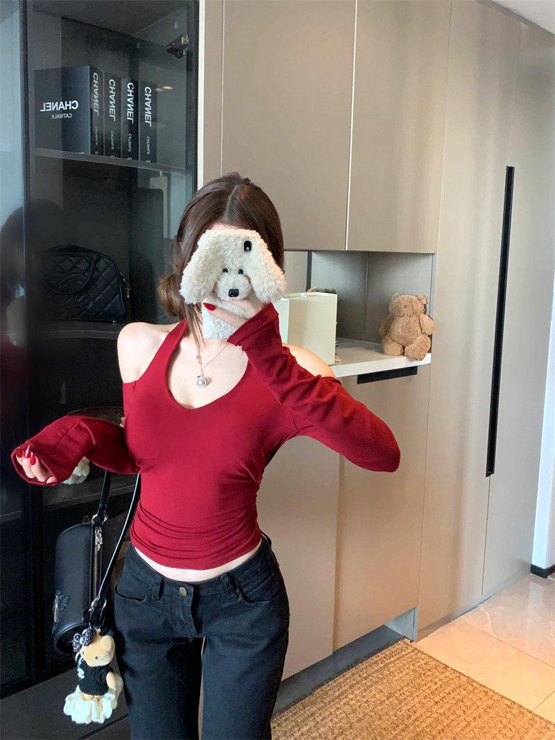 

Женская шикарная облегающая футболка с длинным рукавом и открытой спиной на завязках - Весна/Осень, сексуальная, приталенная Small вино красного