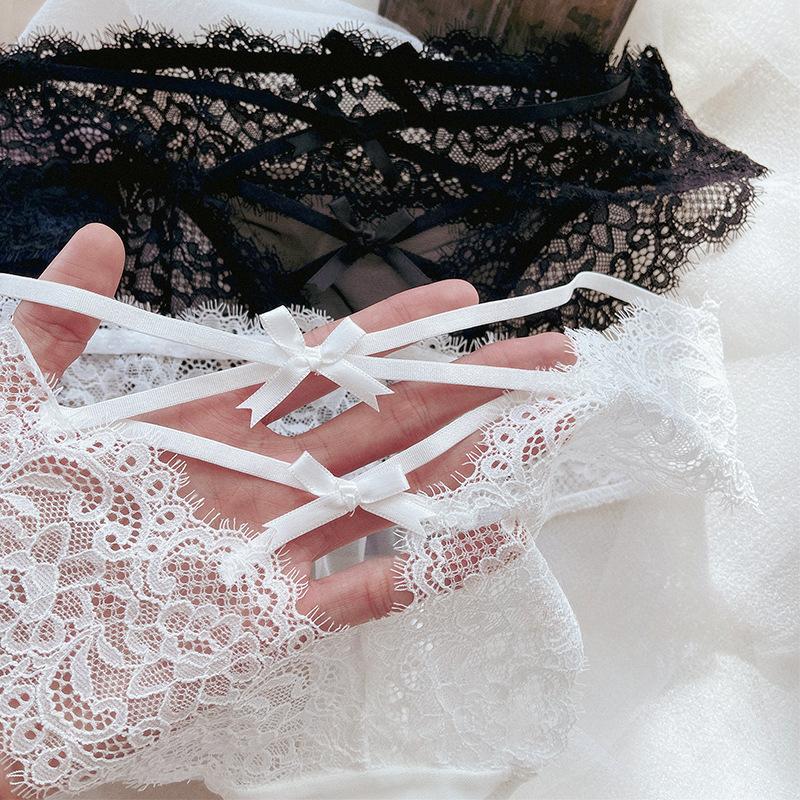 Sexy Lace Low Waisted Underwear Cross Bow Transparent Underpant Mesh Hollowed Out Semi Wrapped Buttocks Seamless Panties