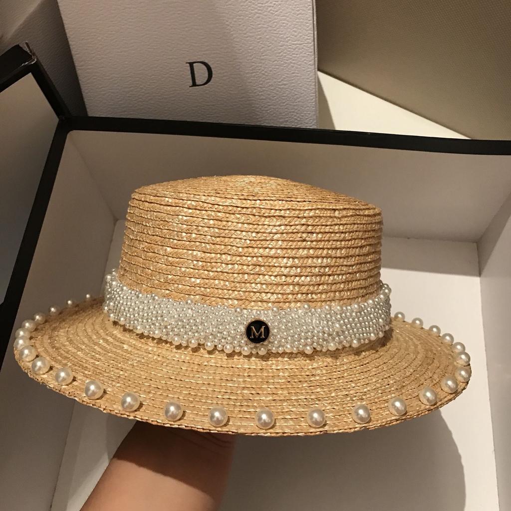 Japanese Internet Celebrity Pearl Straw Hat Female Summer Seaside Beach Sunshade Sun Hat Travel Vacation Flat Hat