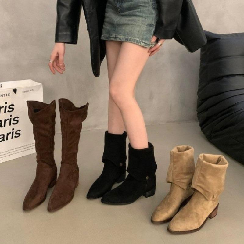 Fashion New Popular Retro Style Fold Button Women Knee-High Boots Fashion Pointed Toe Square Heels Casual Ladies Shoes Zapatos De Mujer