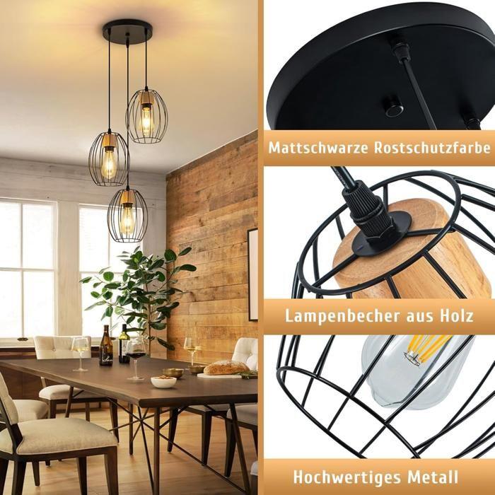 Suspension - NETTLIFE - Vintage 3 lumières - Noir - Métal et bois - Douille E27