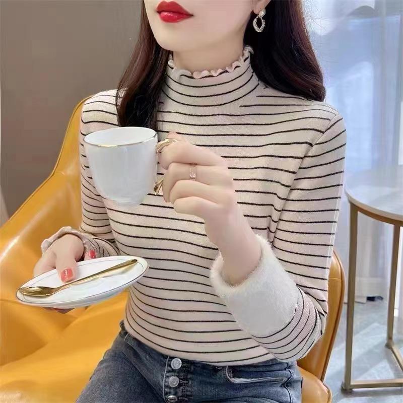 

Женский зимний свитер из бархата с утолщением, полувысоким воротником, базовая рубашка с новой интегрированной бархатной отделкой в виде грибной кромки, вязаный топ One Size