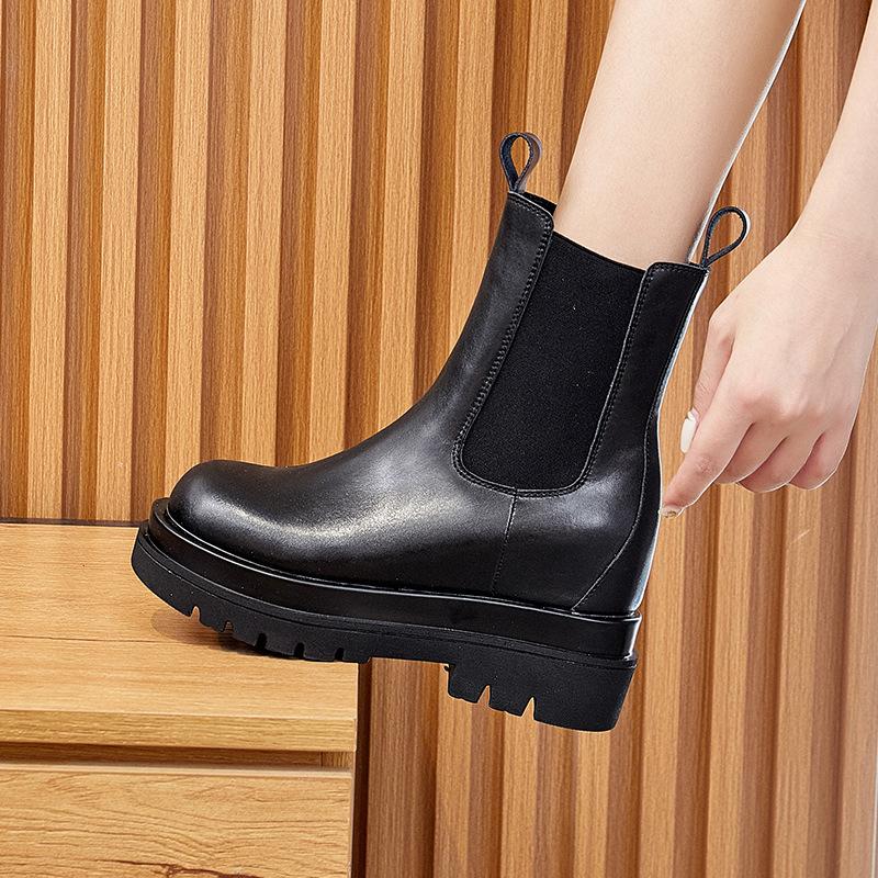 Autumn and Winter Fleece-Lined New Genuine Leather Women's Platform Height Increasing Insole Casual Smoke Pipe Boots Women