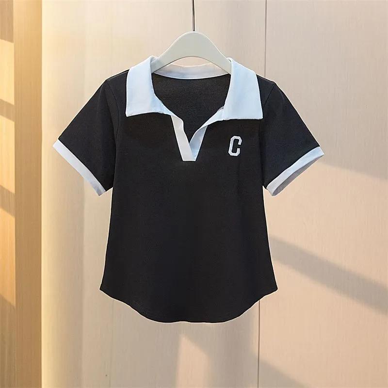 

Женский летний топ с коротким рукавом: Элегантная футболка поло с принтом, приталенного кроя XXS чёрный